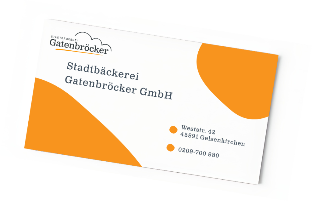 Visitenkarte der Stadtbäckerei Gatenbröcker mit Firmen Logo, Adresse: Weststr. 42, 45891 Gelsenkirchen & Telefonnummer: 0209-700 880.